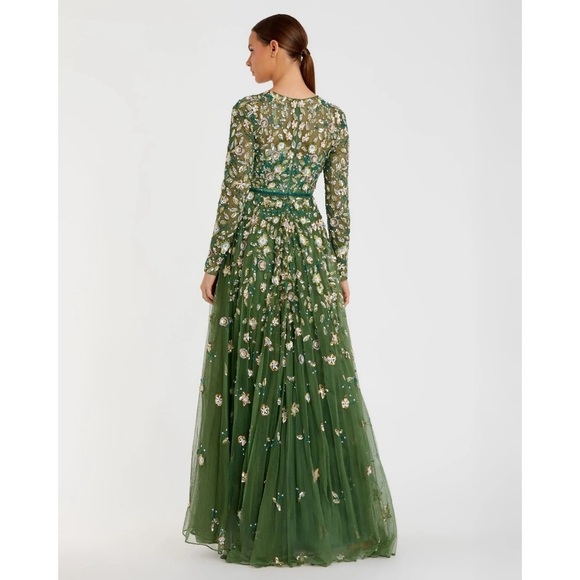 NWT Mac Duggal 5533 Green Embellished High Neck Long Sleeve A Line Gown Size 12 - Picture 4 of 14